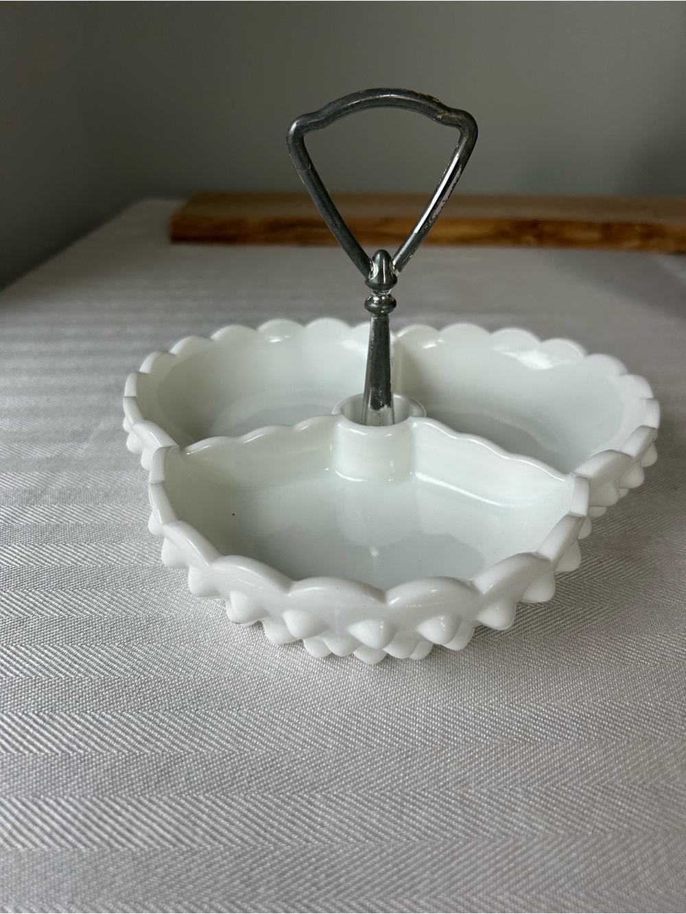 Fenton Milk Glass Heart-Shaped Divided Server with Silver Handle